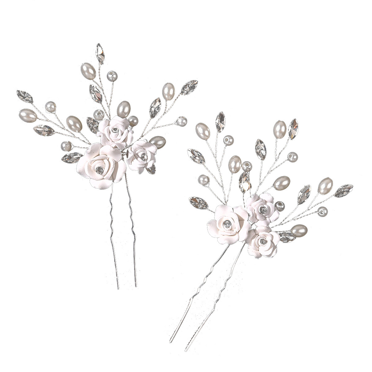 White Clay Flower Pearl Crystal Bridal Hair Pins Set for Wedding Party Elegant Updo Decor - Image 5