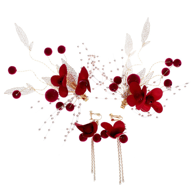 Red Fabric Flower Gold Leaf Tassel Bridal Headpiece Wedding Chinese Style Elegant Banquet Hair Crown - Image 5