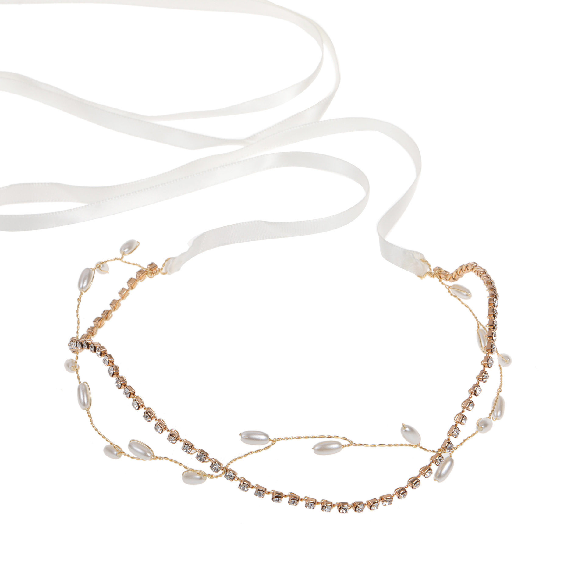 Gold Rhinestone Pearl Satin Ribbon Bridal Headband Delicate Wedding Party Women Boho Thin Hair Accessory - Image 5