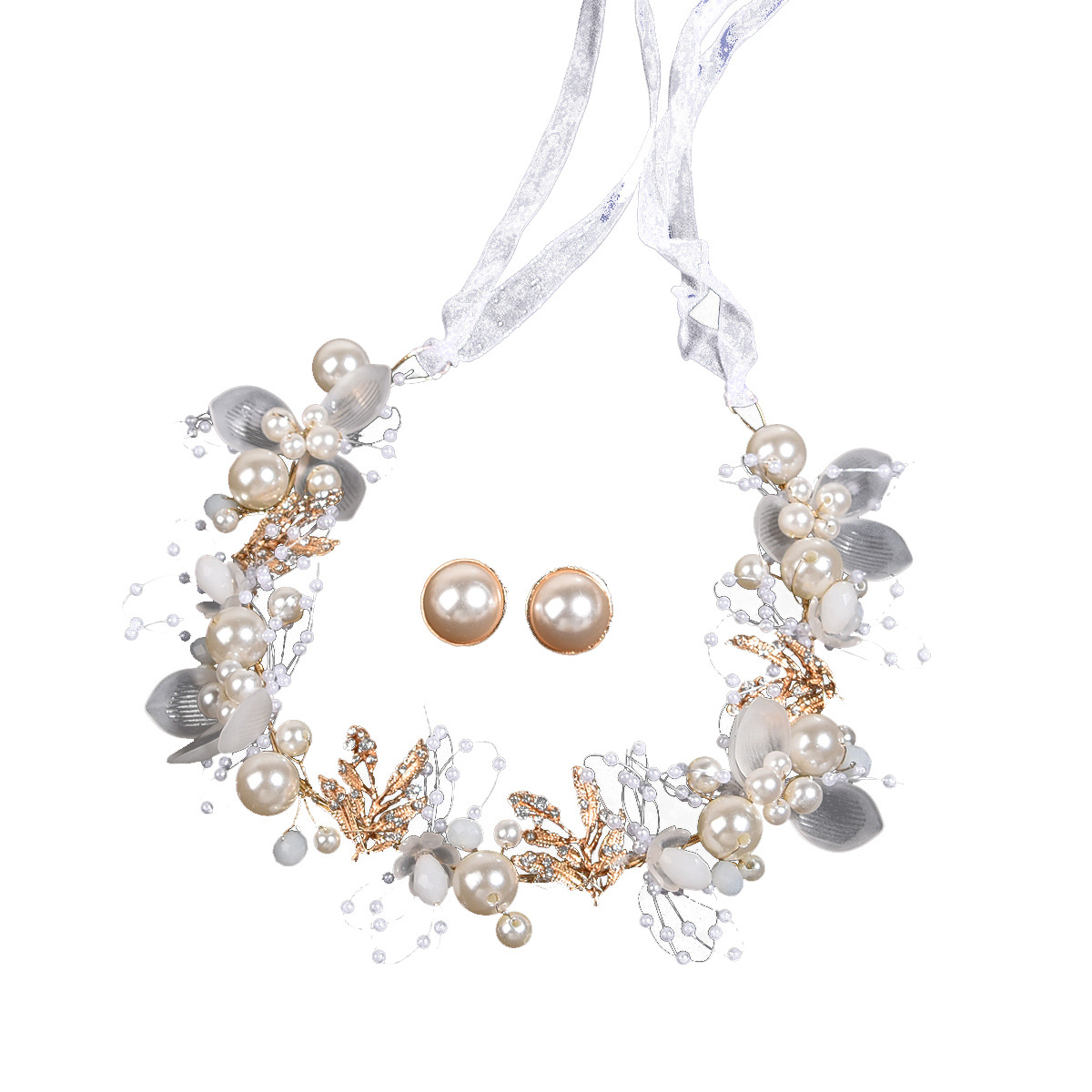 Gold Pearl Flower Bridal Headband Earrings Set Elegant Wedding Party Women Floral Ribbon Hair Accessories - Image 5