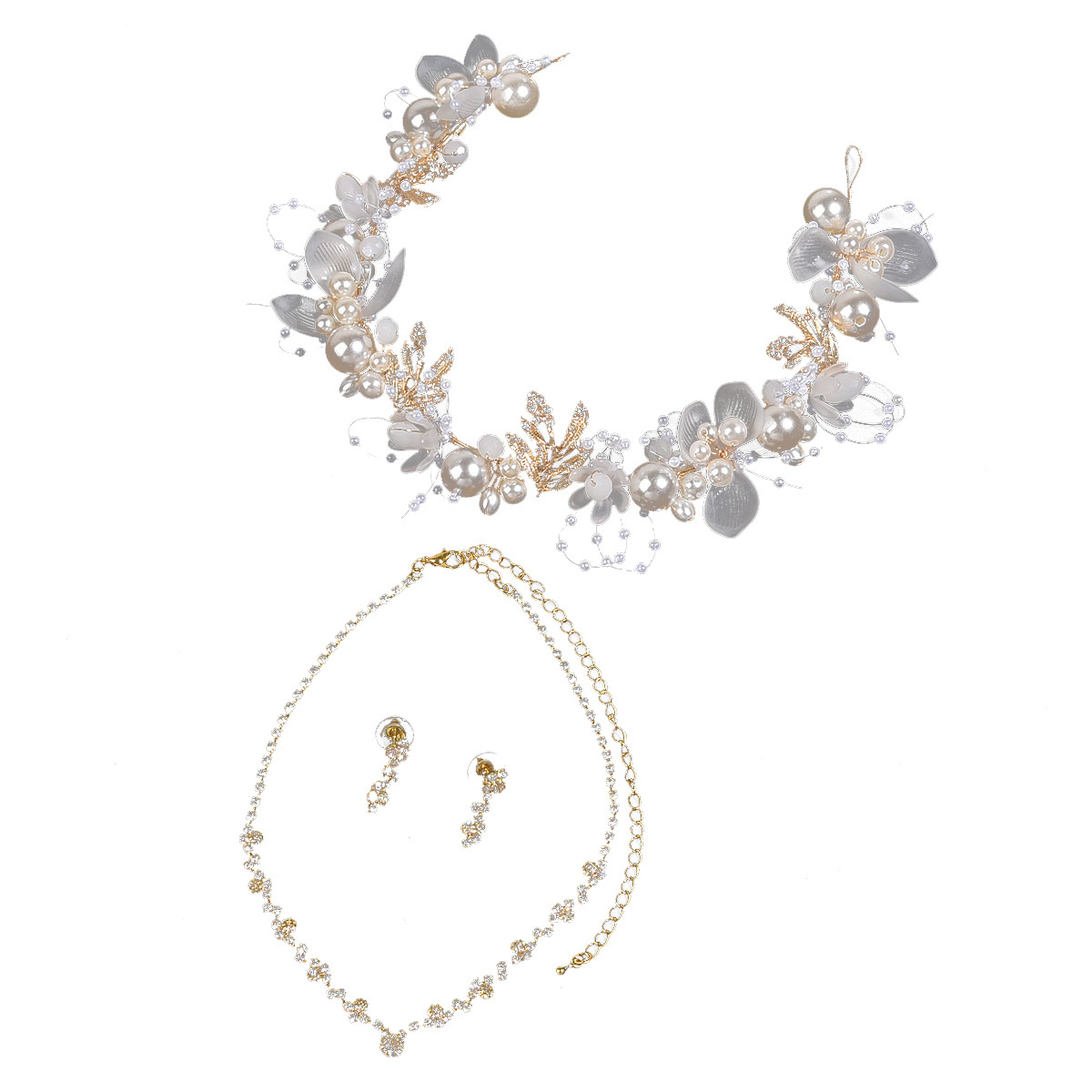 Silver Pearl Flower Bridal Headband Necklace Earrings Set Elegant Wedding Party Women Floral Bridal Accessories - Image 5