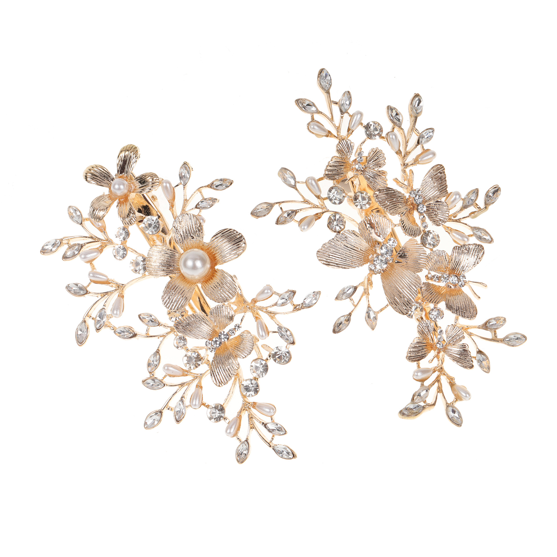 Gold Floral Butterfly Pearl Crystal Bridal Hair Clips Wedding Head Accessories - Image 5