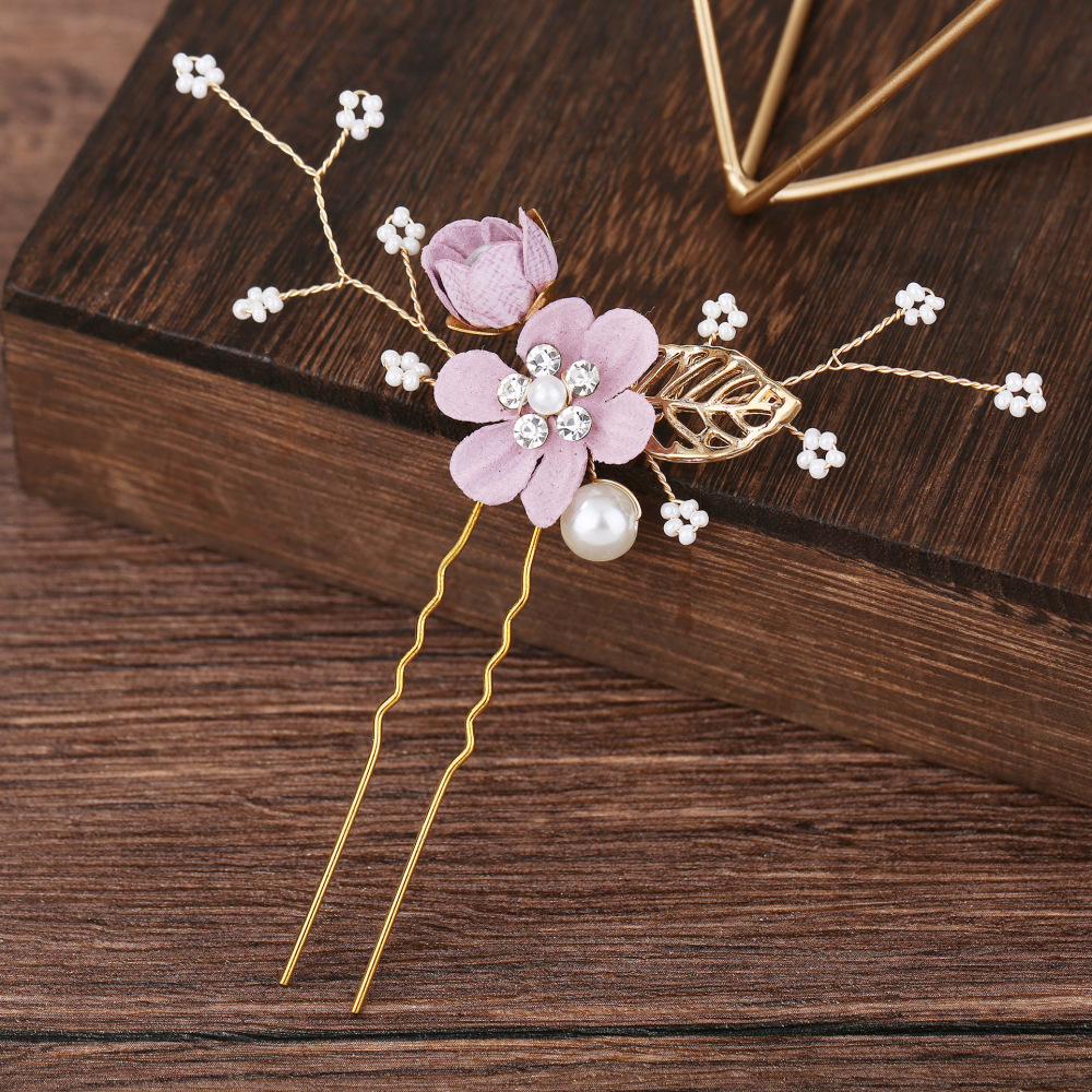 Gold‑Leaf Purple Fabric Flower Pearl Bridal Hair Comb Pins Set Wedding Hair Accessory for Women Gift - Image 5