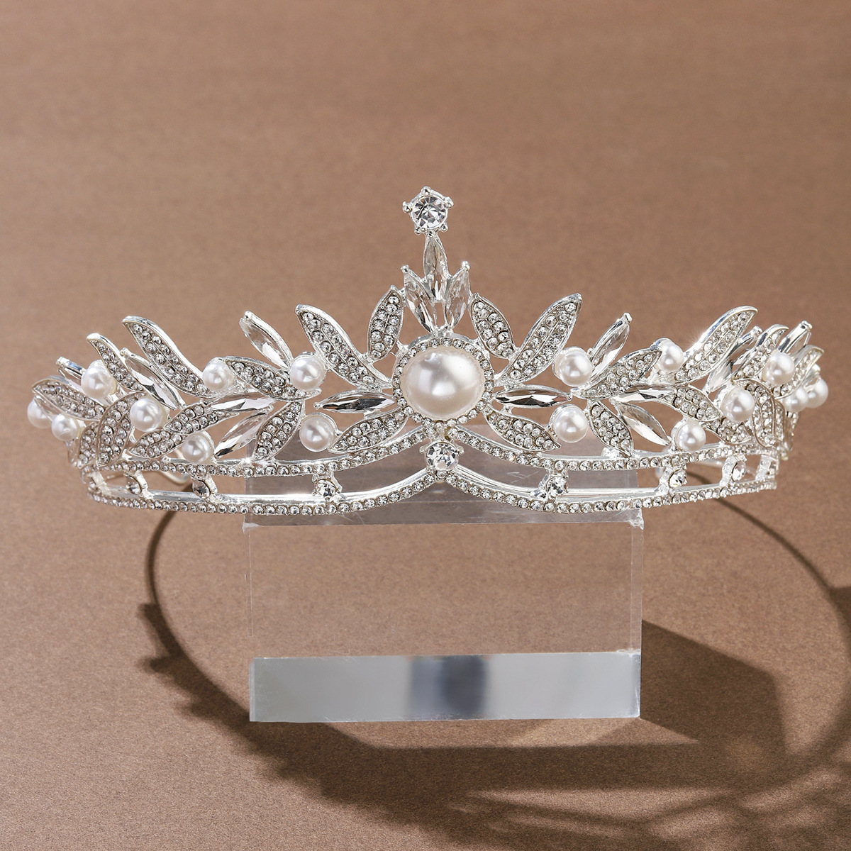Silver‑Tone Leaf‑Shaped Crystal Pearl Bridal Tiara Crown Elegant Wedding Headpiece for Women Gift - Image 5
