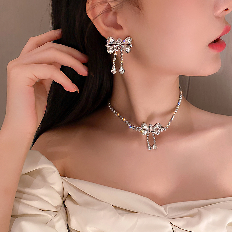 Silver‑Tone Flower Crystal Drop Jewelry Set Necklace Earrings Ring Formal Wedding Party for Women Gift - Image 5