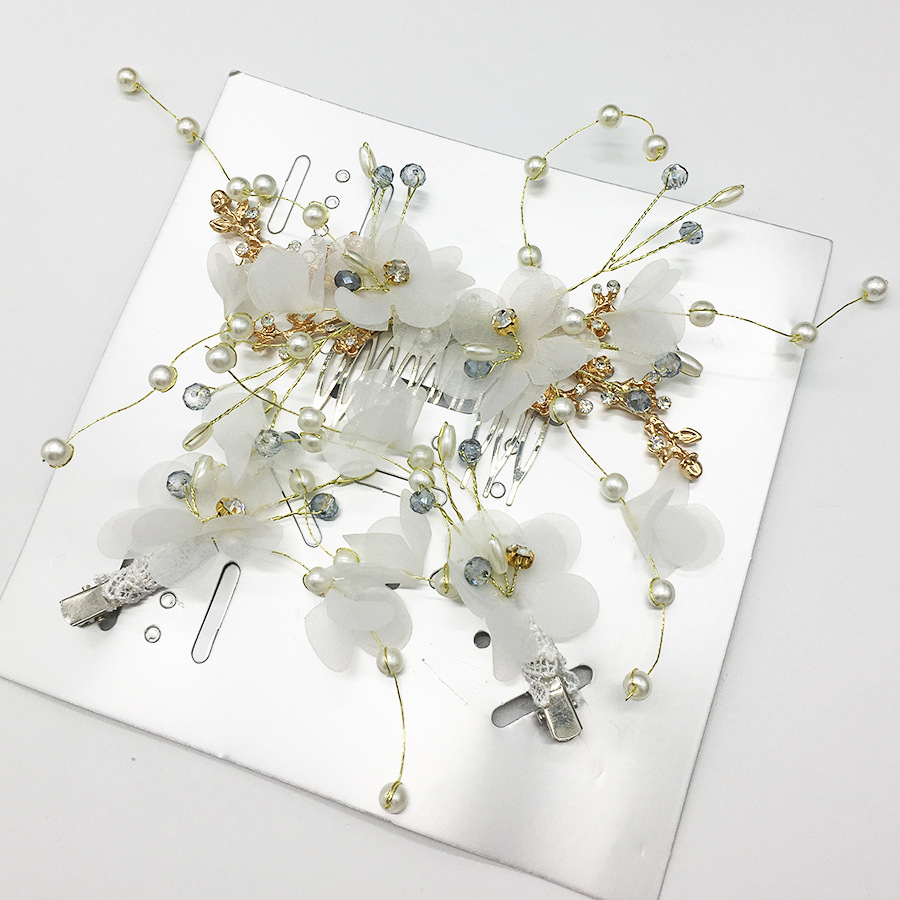 Red Chiffon Flower Pearl Crystal Gold‑Wire Bridal Hair Comb And Clips Wedding Accessory Set for Women Gift - Image 5