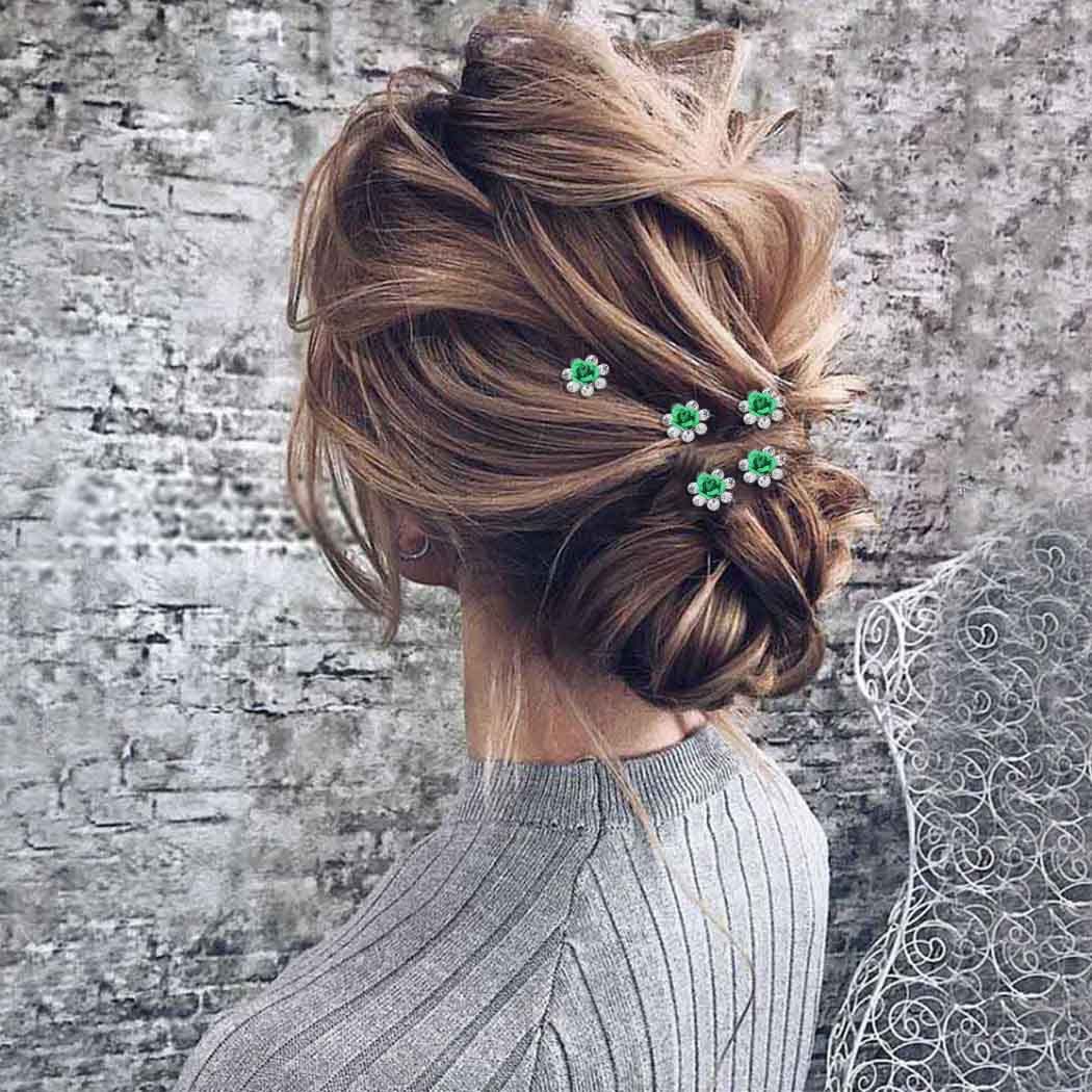 Green Rose Flower Rhinestone Silver U‑Shaped Hair Pins Bridal Hair Accessories for Women Gift - Image 5