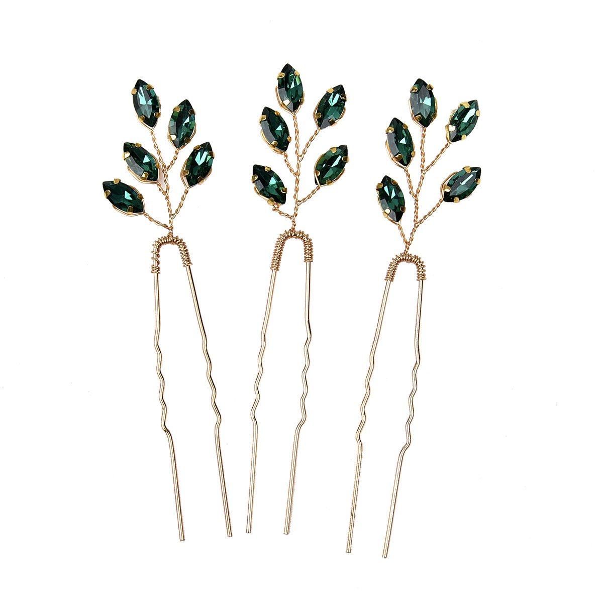 Vintage Marquise Green Rhinestone Leaf Hairpin Set Golden Wavy U Shaped Hair Sticks Bridesmaid Updo Hair Jewelry - Image 5