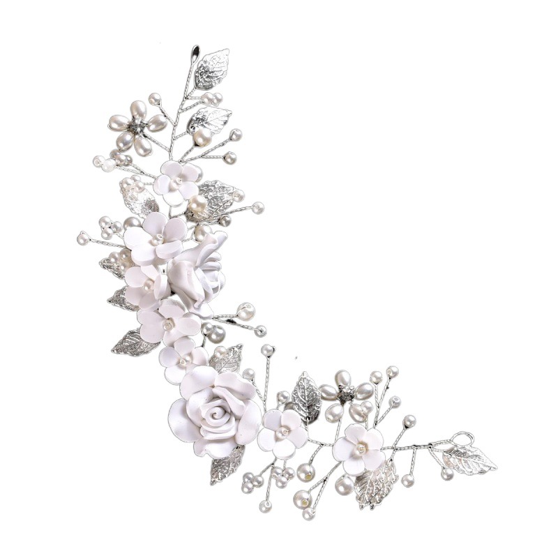 Vintage White Rose Floral Hair Vine Silver Wire Rhinestone Leaf Hair Accessory Bohemian Wedding Bridesmaid Side Hair Piece - Image 5