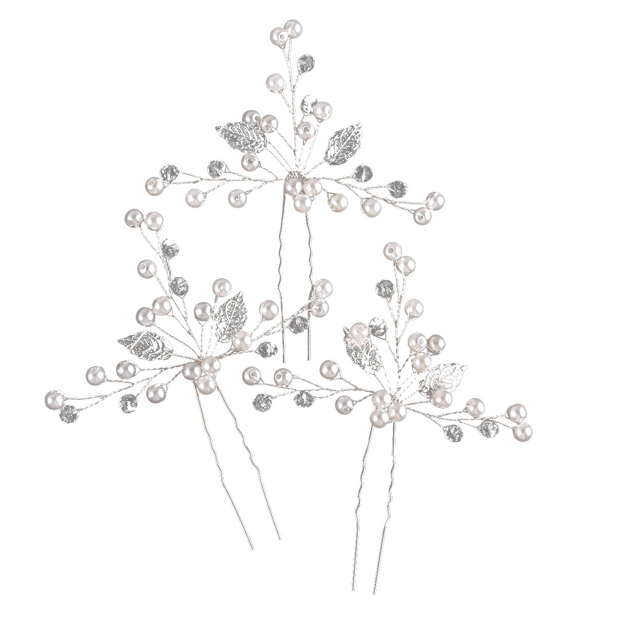Silver Leaf Pearl Crystal Hairpin Set Bohemian Wedding Bridal U Shaped Hair Sticks - Image 5