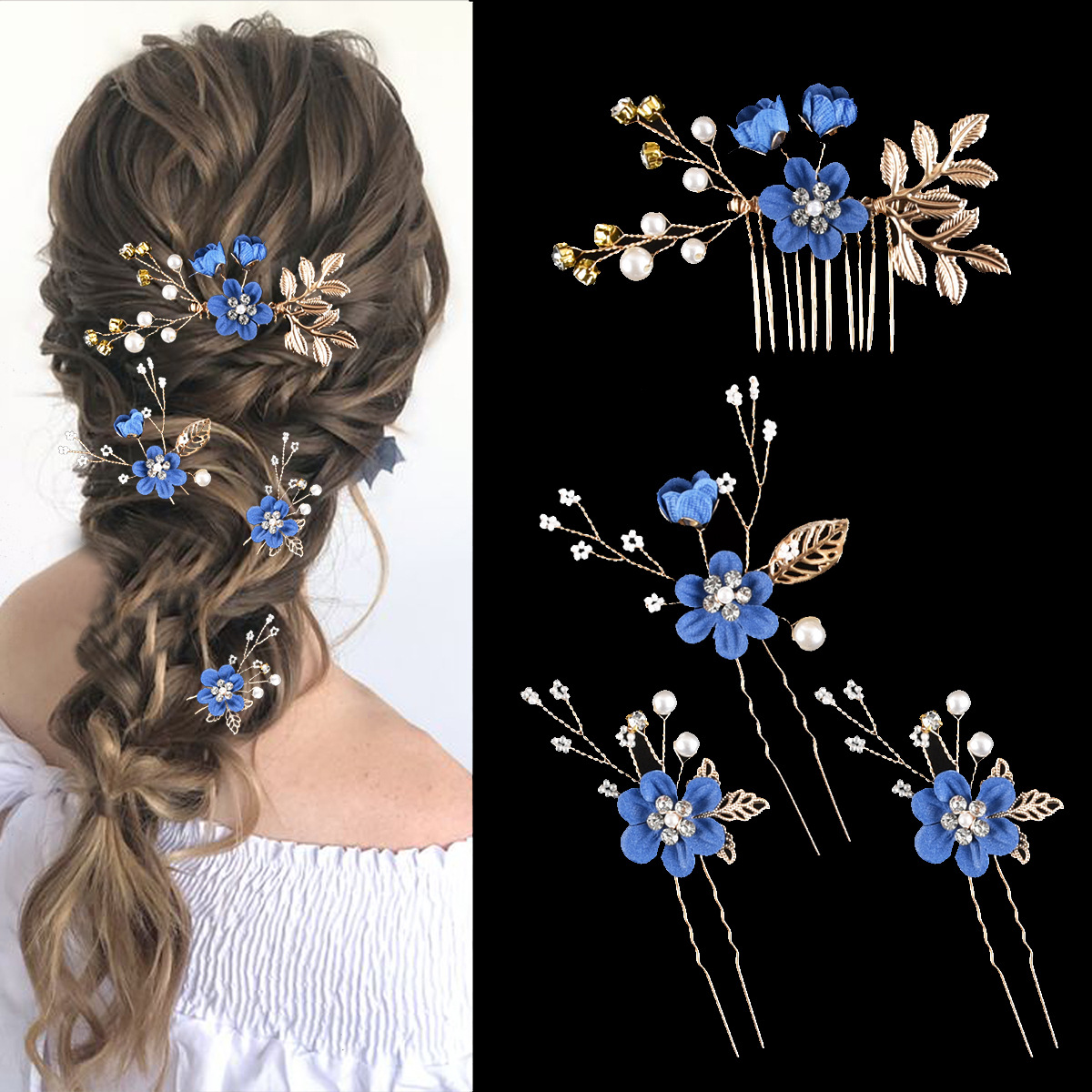 Dusty Blue Flower Pearl Hair Comb & Hairpin Set Bohemian Wedding Bridesmaid Hair Jewelry - Image 5
