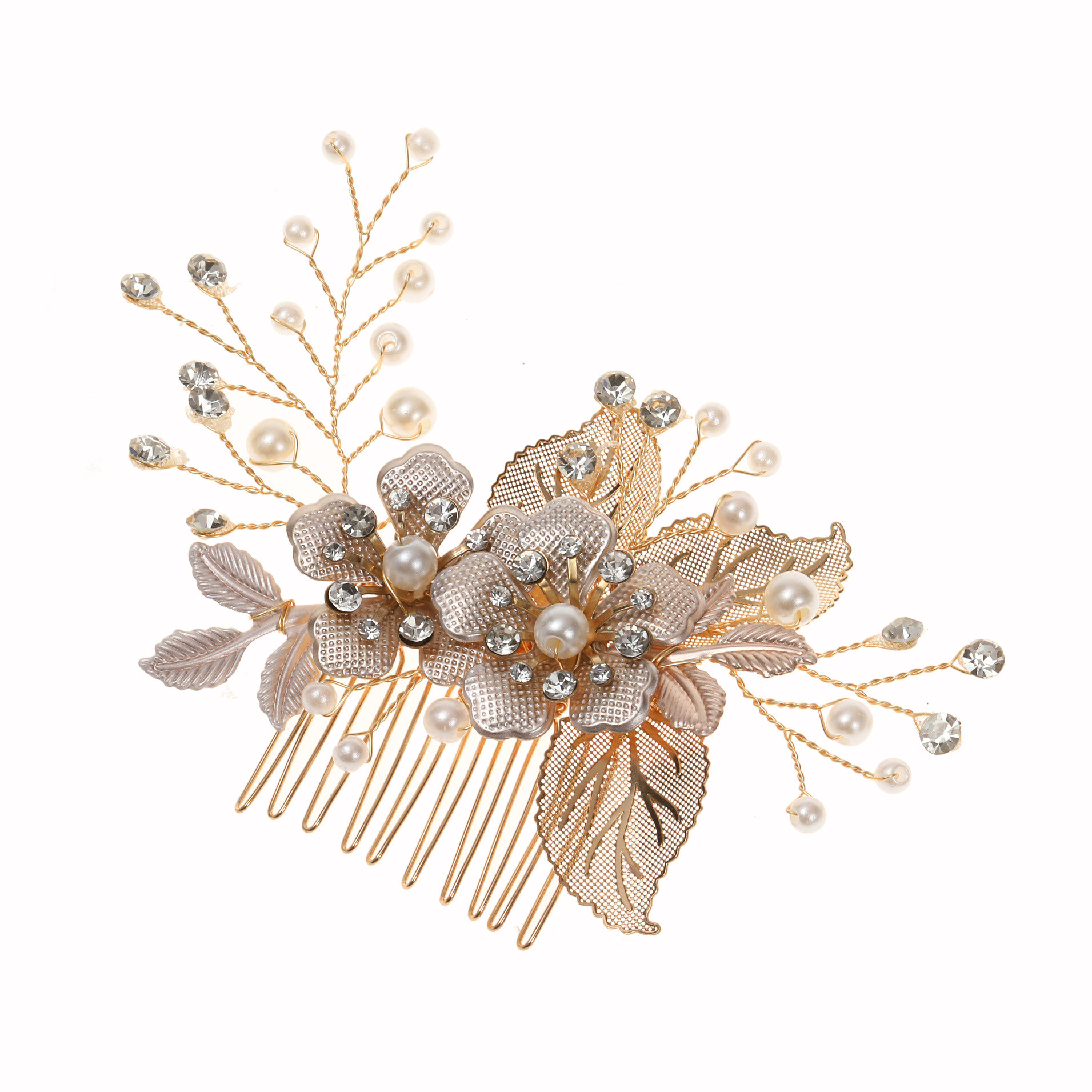 Rose Gold Pearl Crystal Leaf Hair Comb Bohemian Wedding Bridal Side Hair Jewelry - Image 5