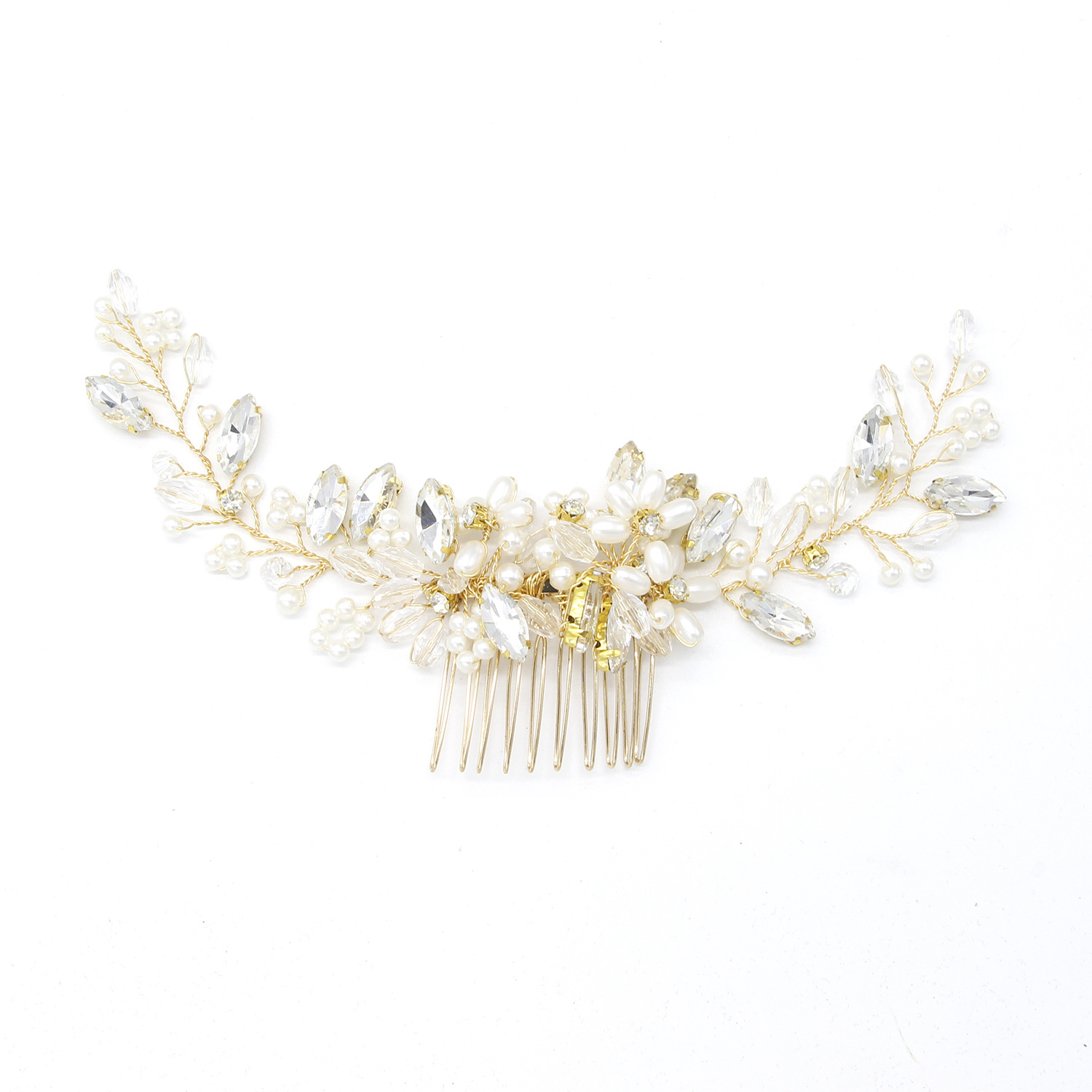 Gold Crystal Pearl Wedding Hair Comb Bridal Floral Hairpiece - Image 5