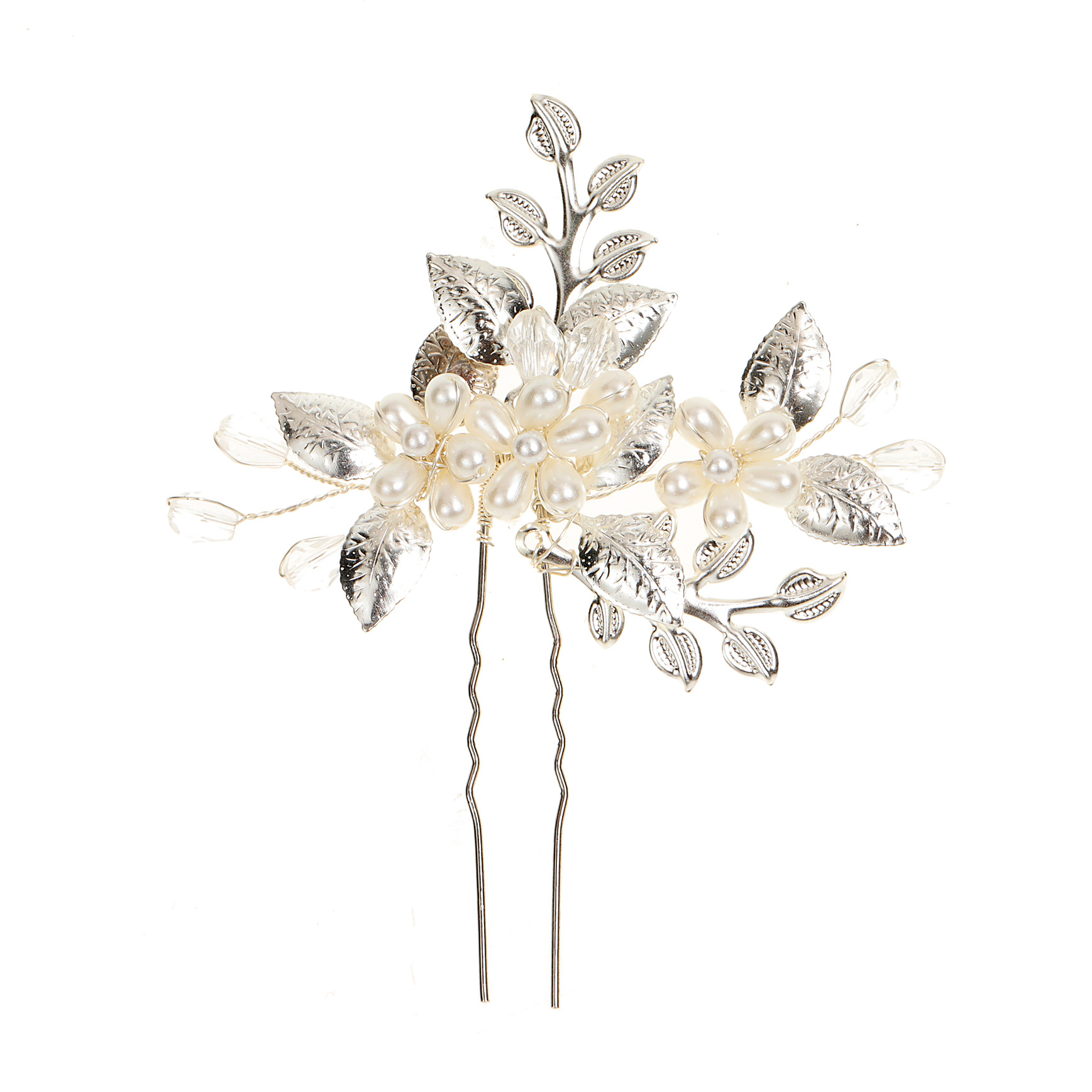 Handmade Vintage Silver Metal Leaf Branch Hair Pin with Pearl & Clear Crystal Elegant Bridal Updo Hair Fork for Wedding Prom - Image 5