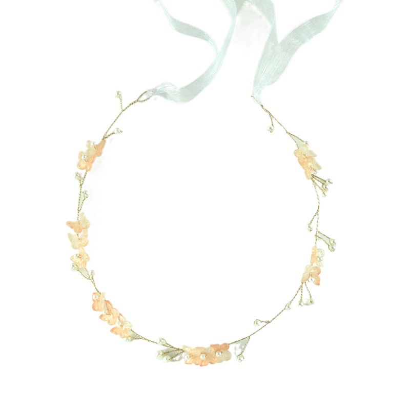 Blush Pink Flower Pearl Gold Hair Vine with Sheer White Ribbon Bridal Headband - Image 5