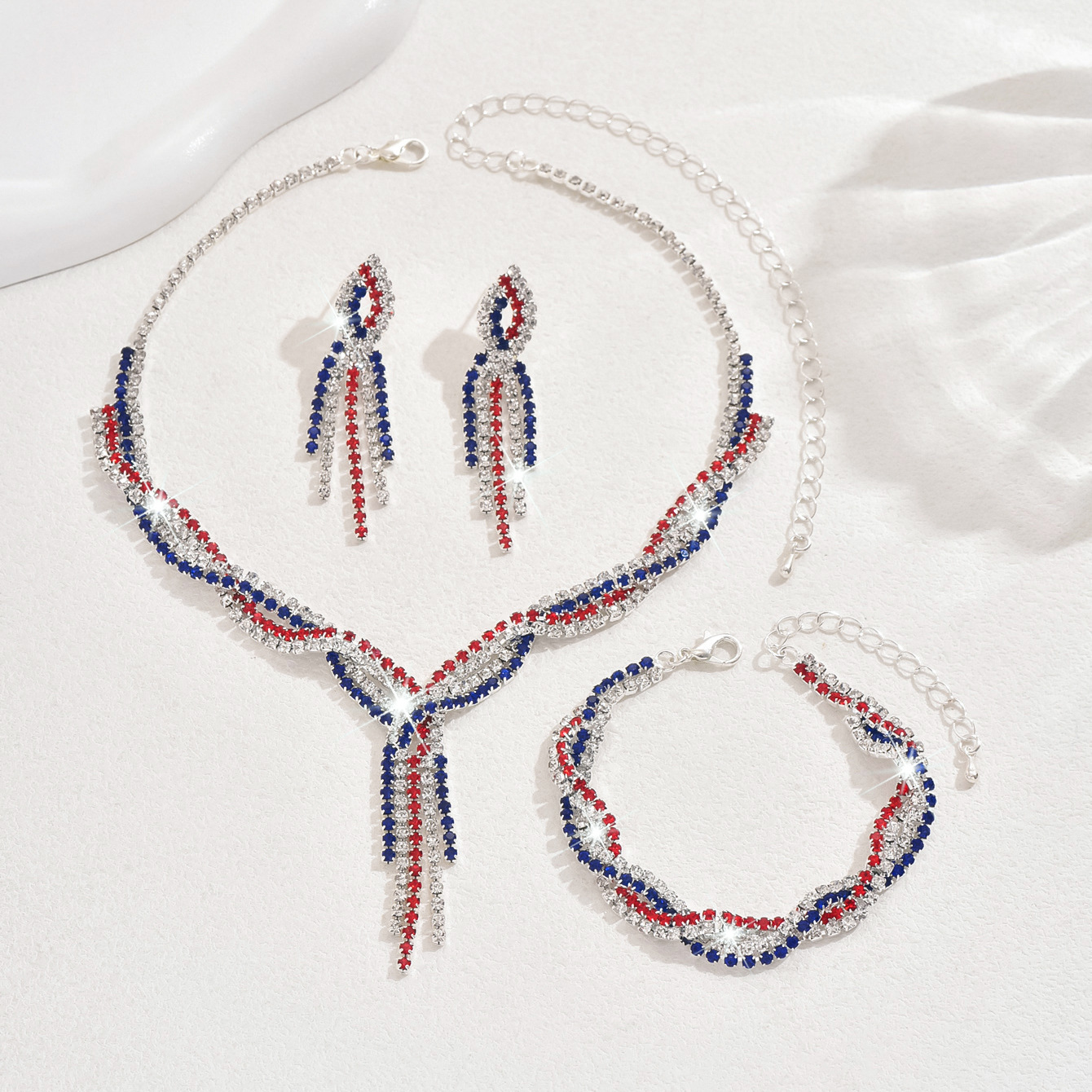 Twisted Tassel Dangle Full Rhinestone Three Pieces Formal Jewelry Set For Women Party Occasions - Image 2