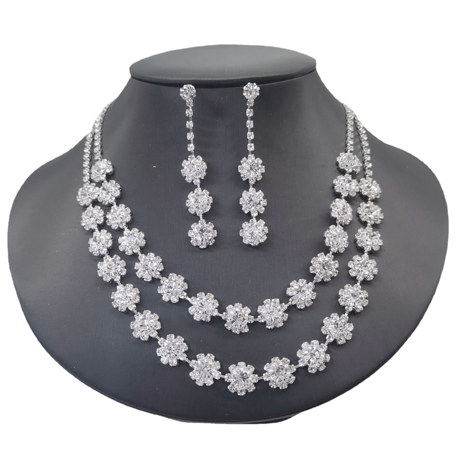 Sparkling Floral Cluster Necklace Bracelet Earrings Women Formal Occasion Jewelry Complete Set - Image 4