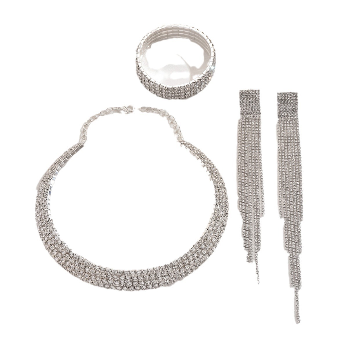 Multi Row Paved Choker Bracelet Stack Ring Long Tassel Drop Earrings Women Pageant Jewelry Full Set - Image 5