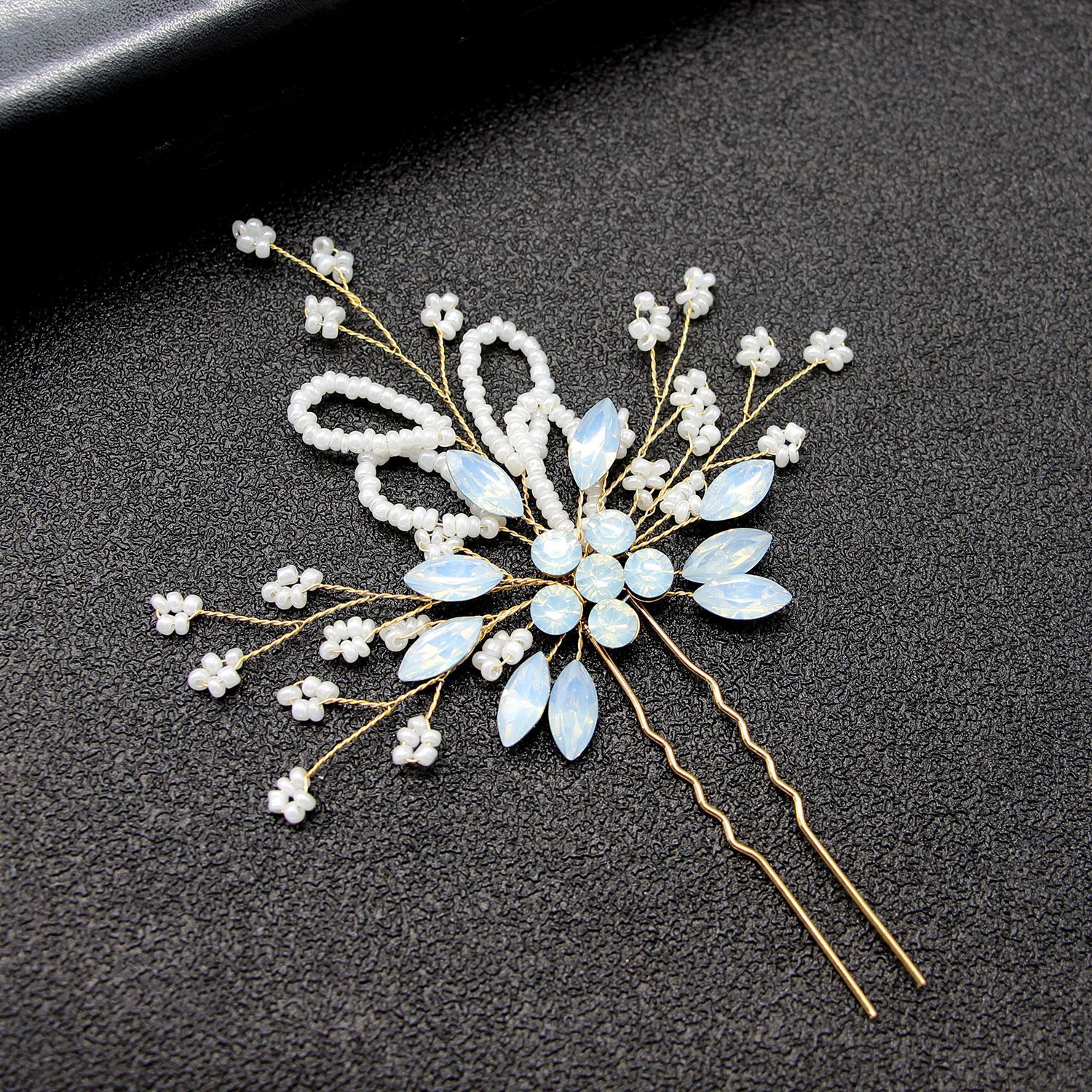 Opal Crystal Beaded Gold Hair Fork Bridal Wedding Women Elegant Hair Decor - Image 5