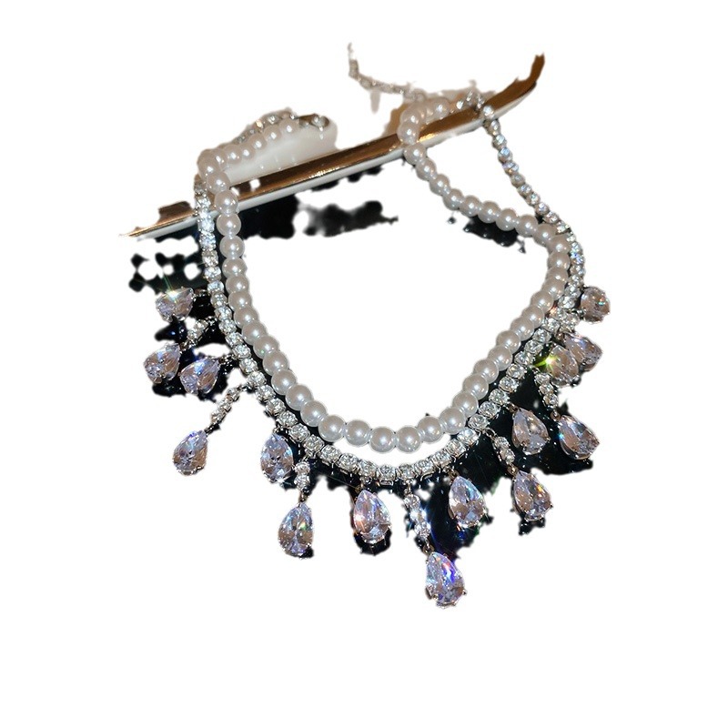 Double Layer Pearl Teardrop Rhinestone Choker Women Formal Party Necklace - Image 5