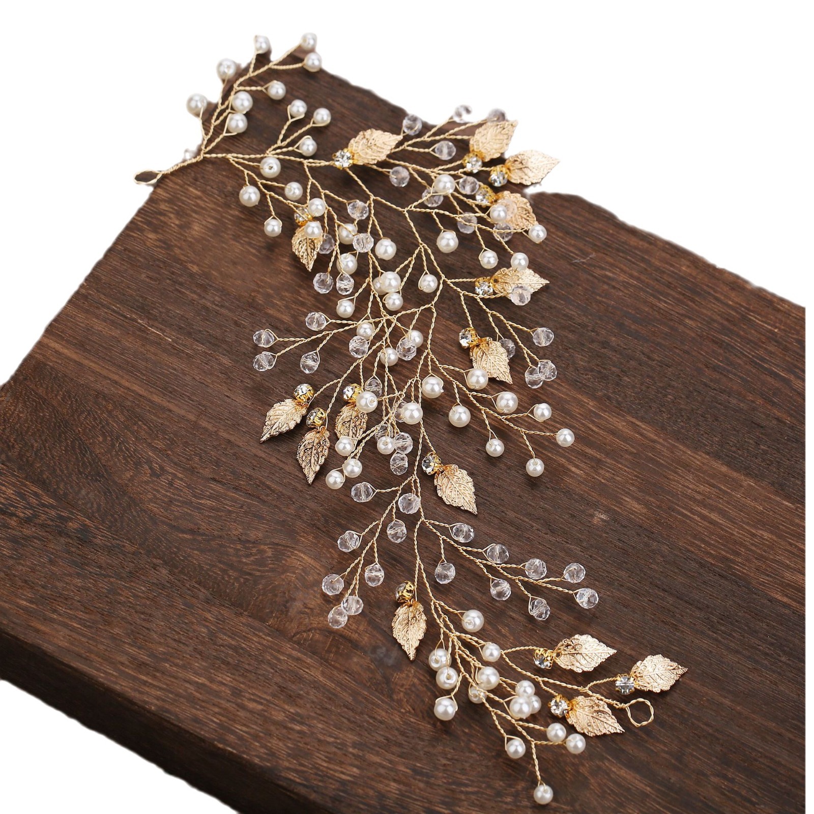 Gold Wire Pearl Crystal Leaf Branch Hair Comb Bridal Wedding Hair Accessory for Women - Image 5