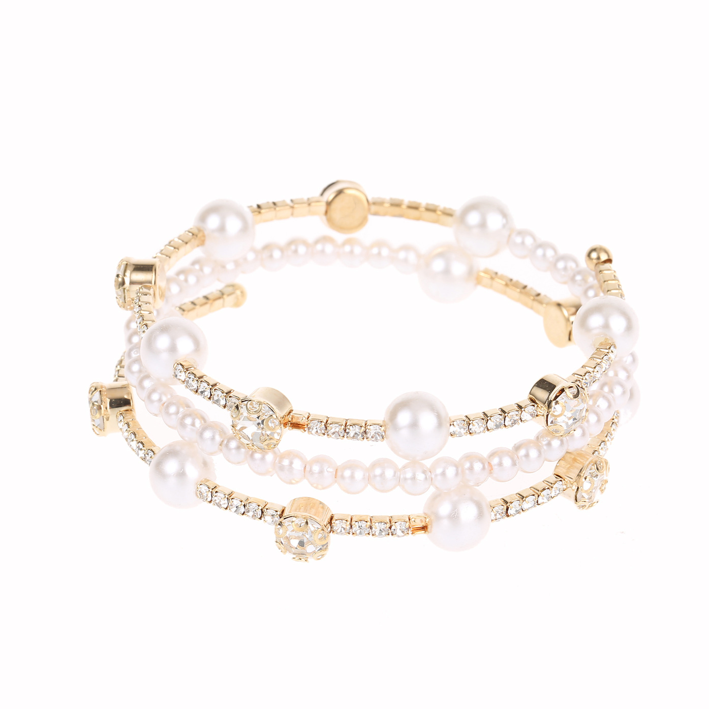 Gold Multi Layer Pearl Rhinestone Cuff Bracelet Bridal Wedding Jewelry for Women - Image 5