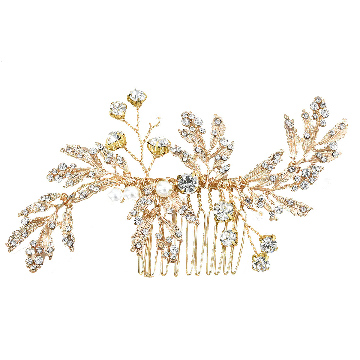 Gold Leaf Pearl Rhinestone Hair Comb Bridal Wedding Hair Accessory for Women - Image 5
