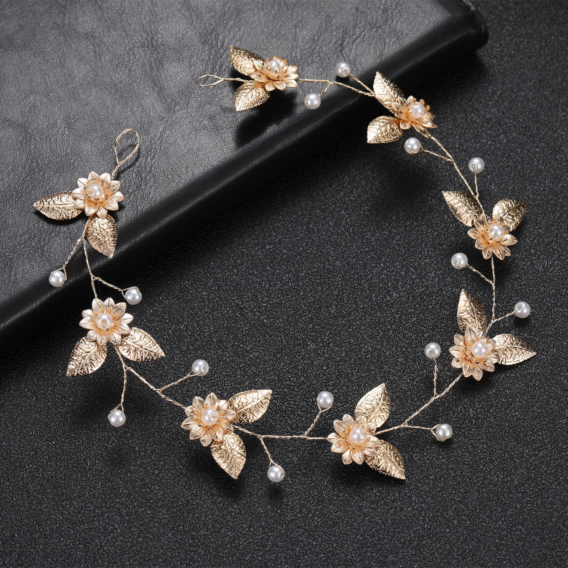 Gold Flower Leaf Pearl Flexible Hair Vine Bridal Wedding Hair Accessory for Women - Image 5