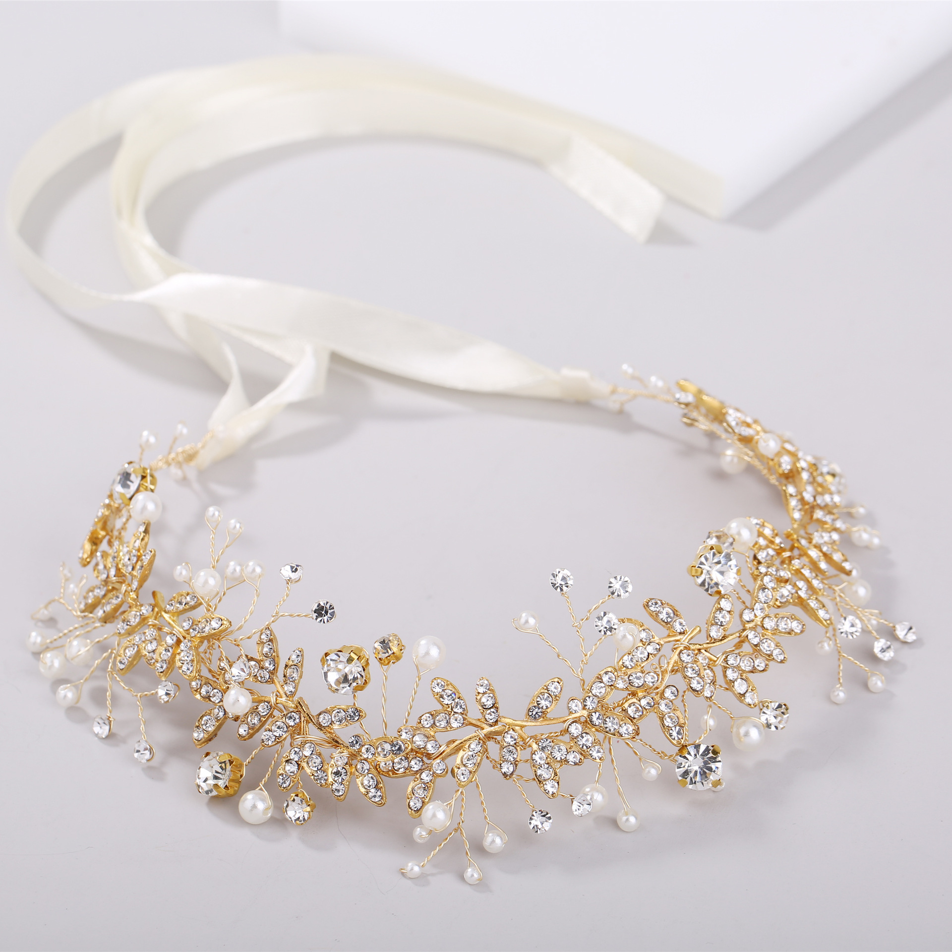 Silver Pearl Crystal Ribbon Hair Vine Bridal Wedding Hair Accessory for Women - Image 5