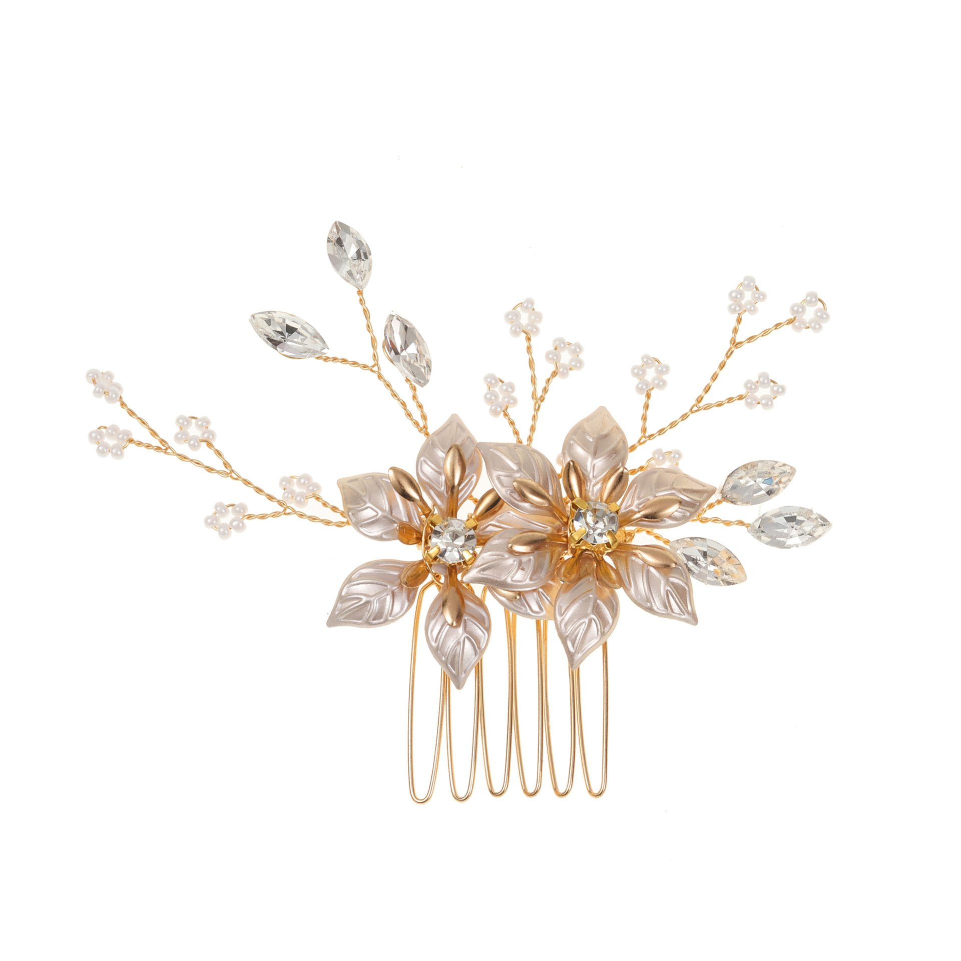 Gold Flower Crystal Pearl Hair Comb Bridal Wedding Hair Accessory for Women - Image 5
