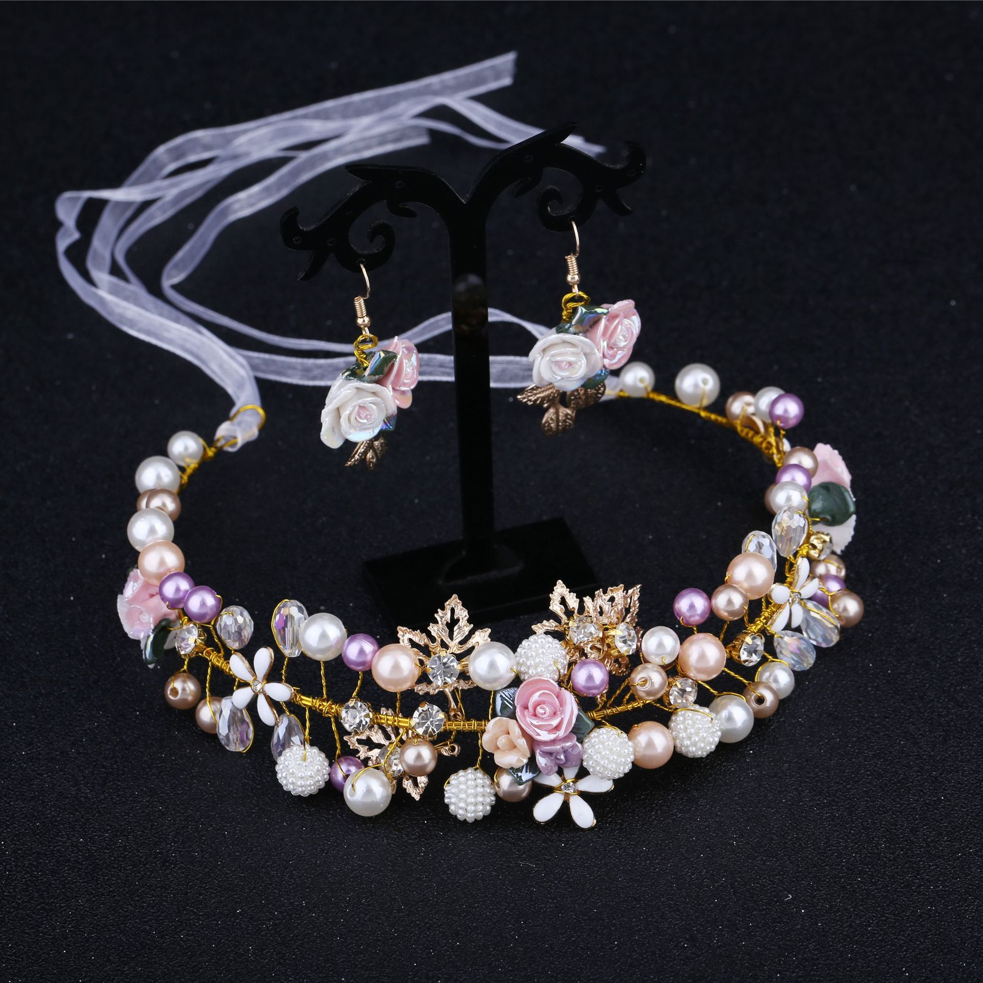 Gold Floral Pearl Crystal Bridal Headband with Matching Drop Earrings Set - Image 5