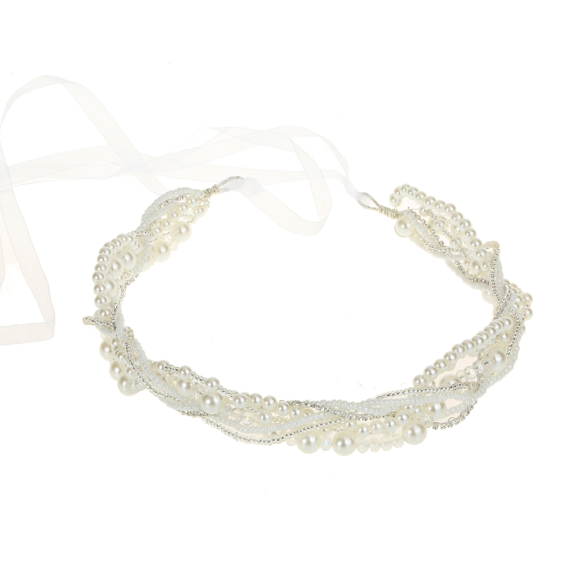 Handmade Multi Strand Pearl Crystal Bridal Headband With White Organza Ribbon Wedding Party Women Accessory - Image 5