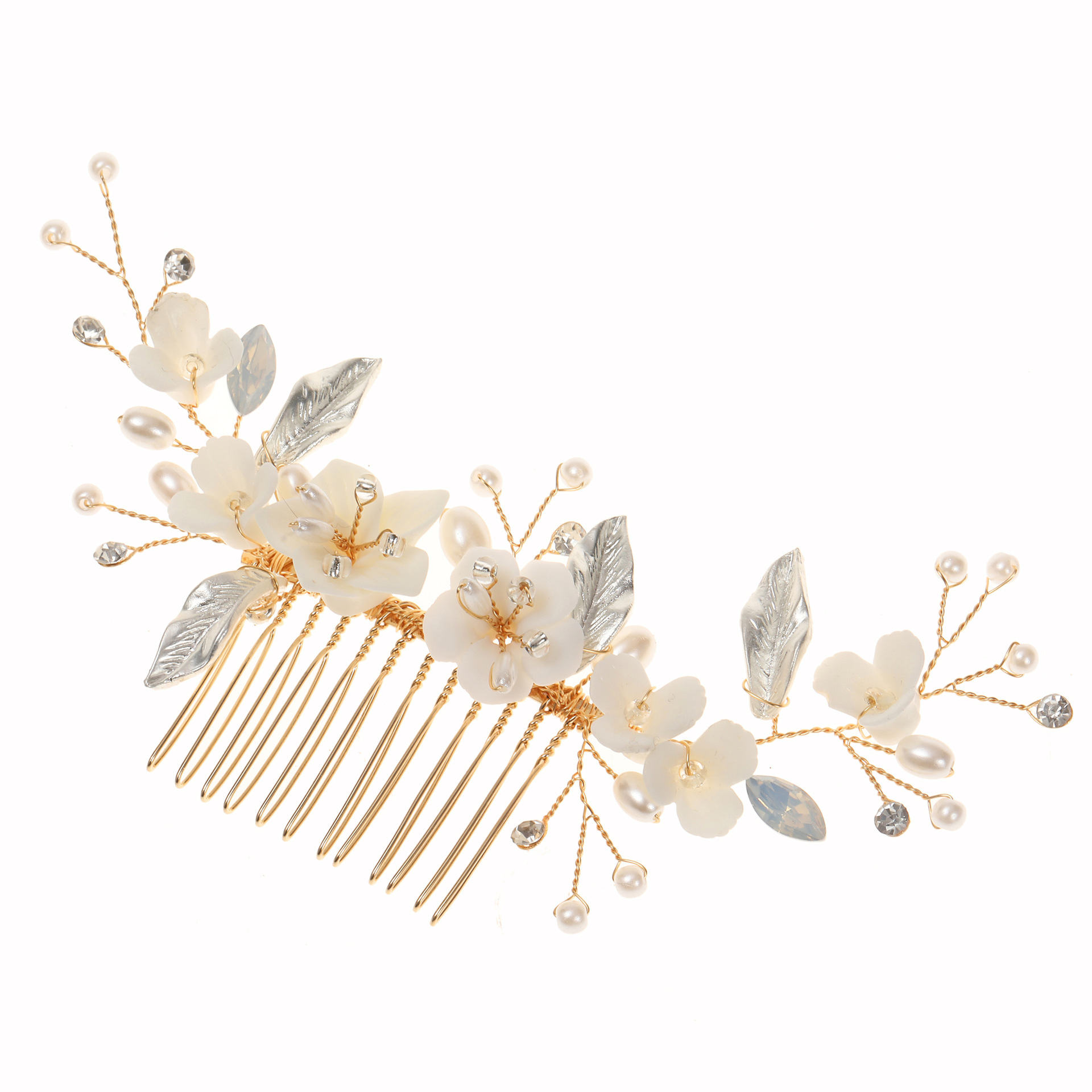 Handmade Gold Ceramic Flower Pearl Crystal Bridal Hair Comb Wedding Vine Women Formal Hair Accessory - Image 4