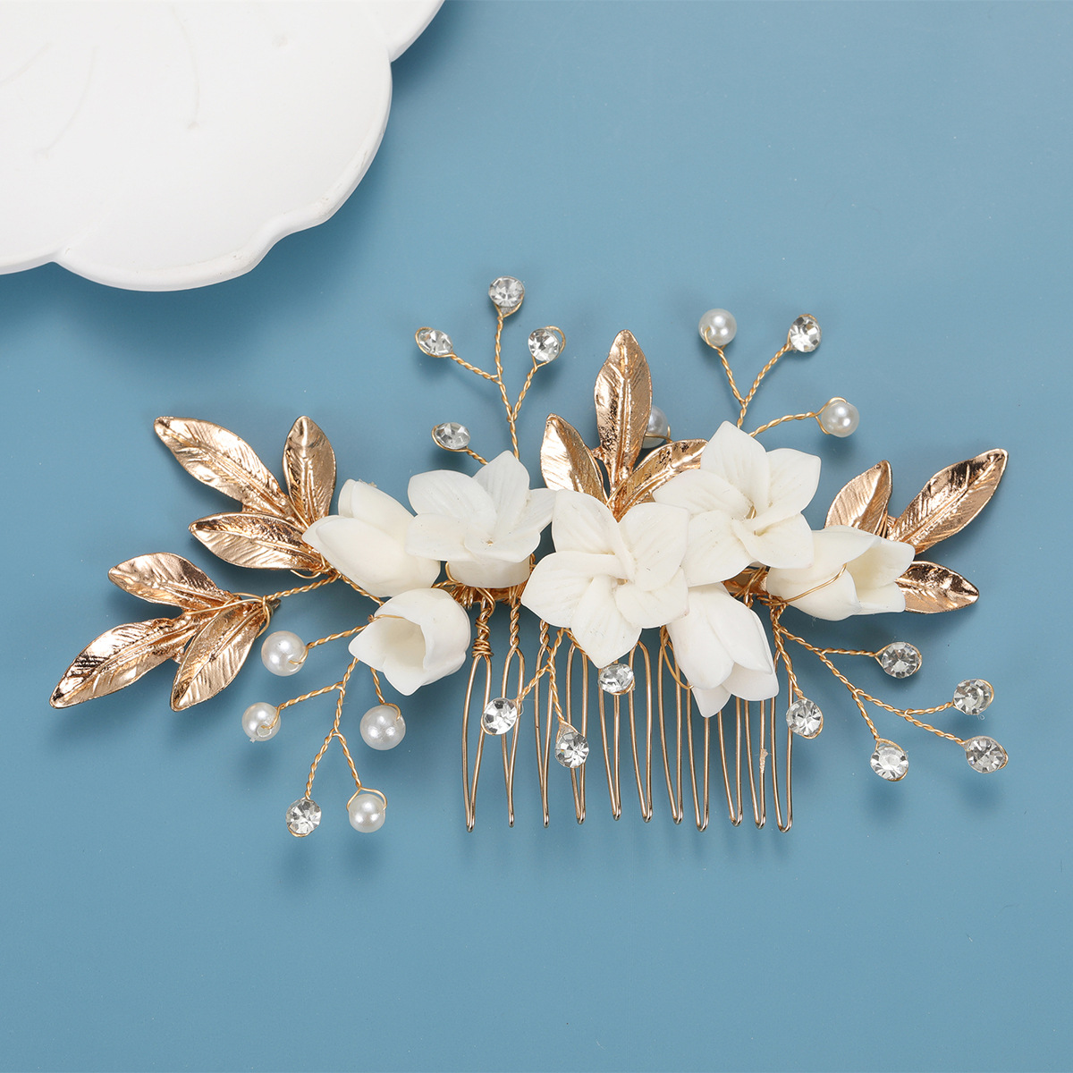 Handmade Gold Leaf White Ceramic Flower Pearl Crystal Bridal Hair Comb Wedding Women Formal Accessory - Image 5