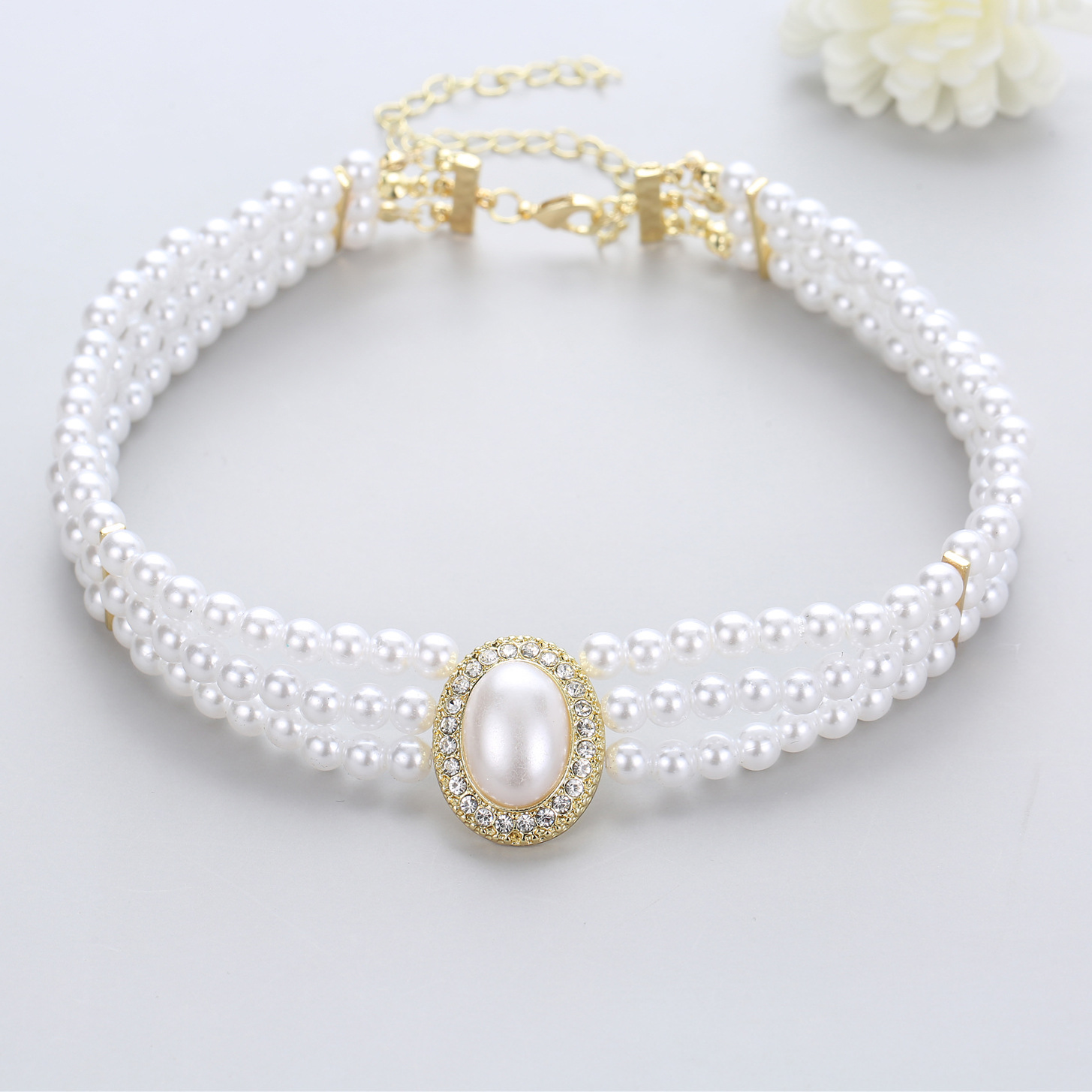 Multi Strand Pearl Choker Necklace Oval Crystal Gold Bridal Wedding Women Formal Vintage Party Jewelry - Image 5