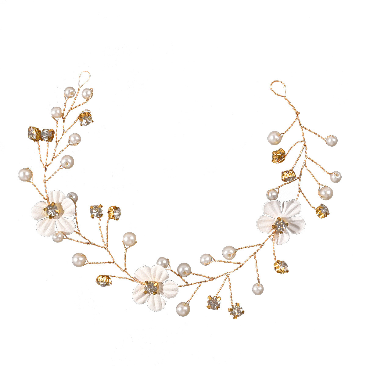 Gold White Flower Pearl Crystal Bridal Hair Vine Wedding Women Delicate Handmade Side Formal Headpiece - Image 5