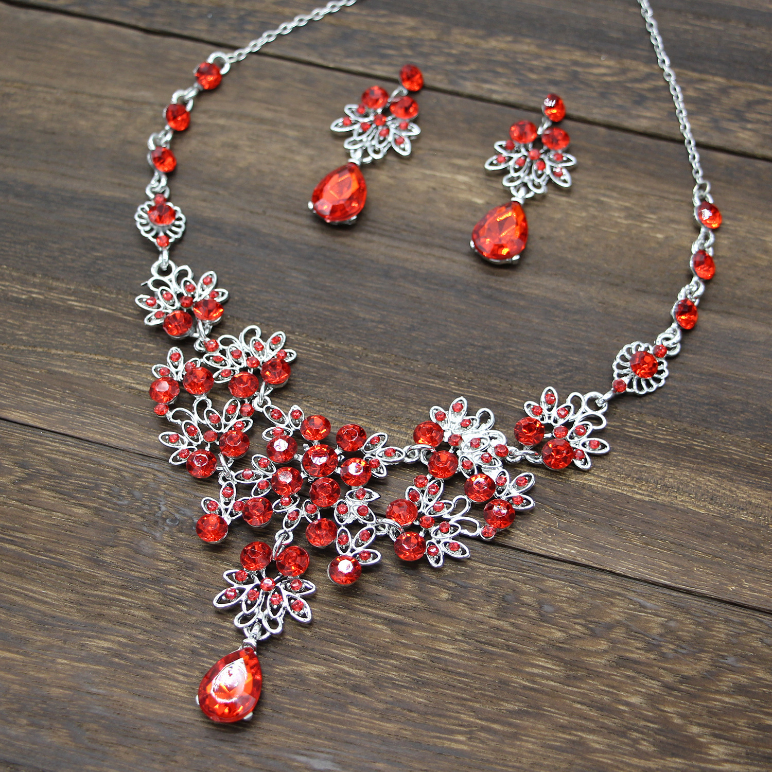 Silver Blue Teardrop Rhinestone Floral Necklace Earring Set Women Formal Wedding Banquet Sparkling Statement Jewelry - Image 5