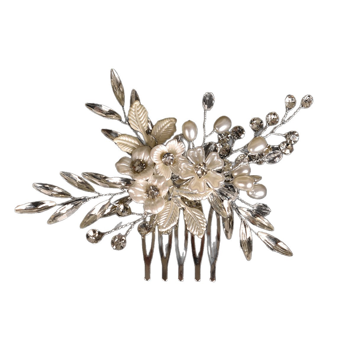 Silver Floral Leaf Pearl Crystal Bridal Hair Comb Wedding Women Elegant Handmade Side Formal Headpiece - Image 5