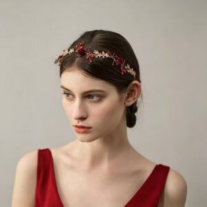 Gold Floral Hair Vine - Red Rose & Leaf Bridal Headpiece, Elegant Wedding Hair Accessory for Bride