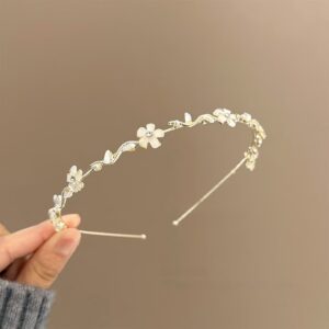 Bridal Flower Leaf Hair Hoop, Pearl Crystal Thin Headpiece