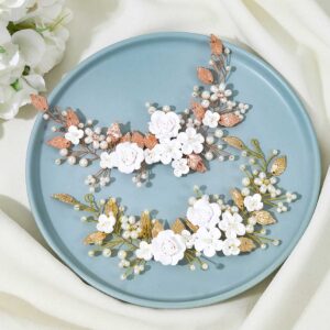 Unicra Flower Bride Wedding Hair Vine Pearl Bridal Hair Piece Leaf Hair Accessories Rhinestone Headband for Women (9inches) (Silver)