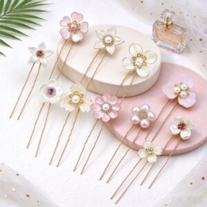 14 Pcs Pearl Flower Hair Pins Bridal Wedding Hair Accessories Handmade Rhinestone Crystal Bobby Clips for Bride Bridesmaids Flower Women Girls Updo