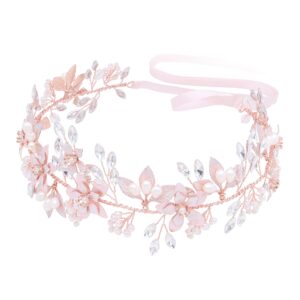 Oriamour Wedding Headband Bridal Headpiece Flower Design With Genuine Freshwater Pearls And Ribbons Hair Accessories For Bride (Rose Gold)