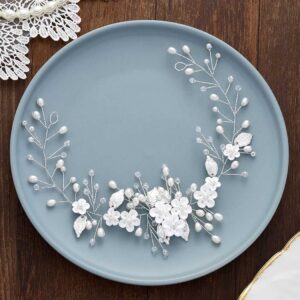 Flower Hair Vine Pearl Bridal Headpieces Wedding Hair Pieces Silver Prom Hair Accessories for Brides and Women (12.5 Inches)