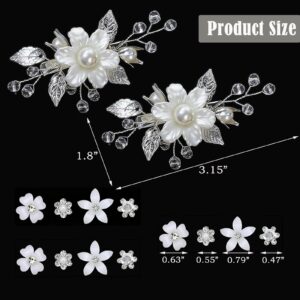 14 Pcs Flower Girl Hair Accessory Bridal Hair Clips Handmade Silver Leaf Floral Pearls Crystal Design with Mini Flower Hair Accessories for Girls & Women