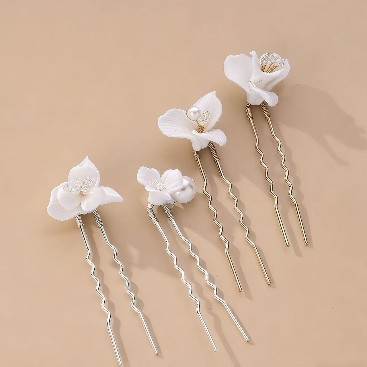 Minimalist White Flower Pearl U-pins, Bridal & Bridesmaid Hair Decor Set - Image 3