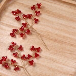 Deep Red Crystal Berry Branch Hair Stems, Bridal Updo Decorations