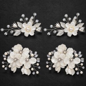 Amabro 4Pc Pearl Flower Hair Clips Silver Leaf Vine Bridal Hair Accessories