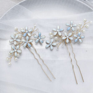 Handmade Blue Enamel Flower Hair U Pins Pearl Crystal Bridal Hairpins Wedding Party Decorative Hair Accessories for Women Girls