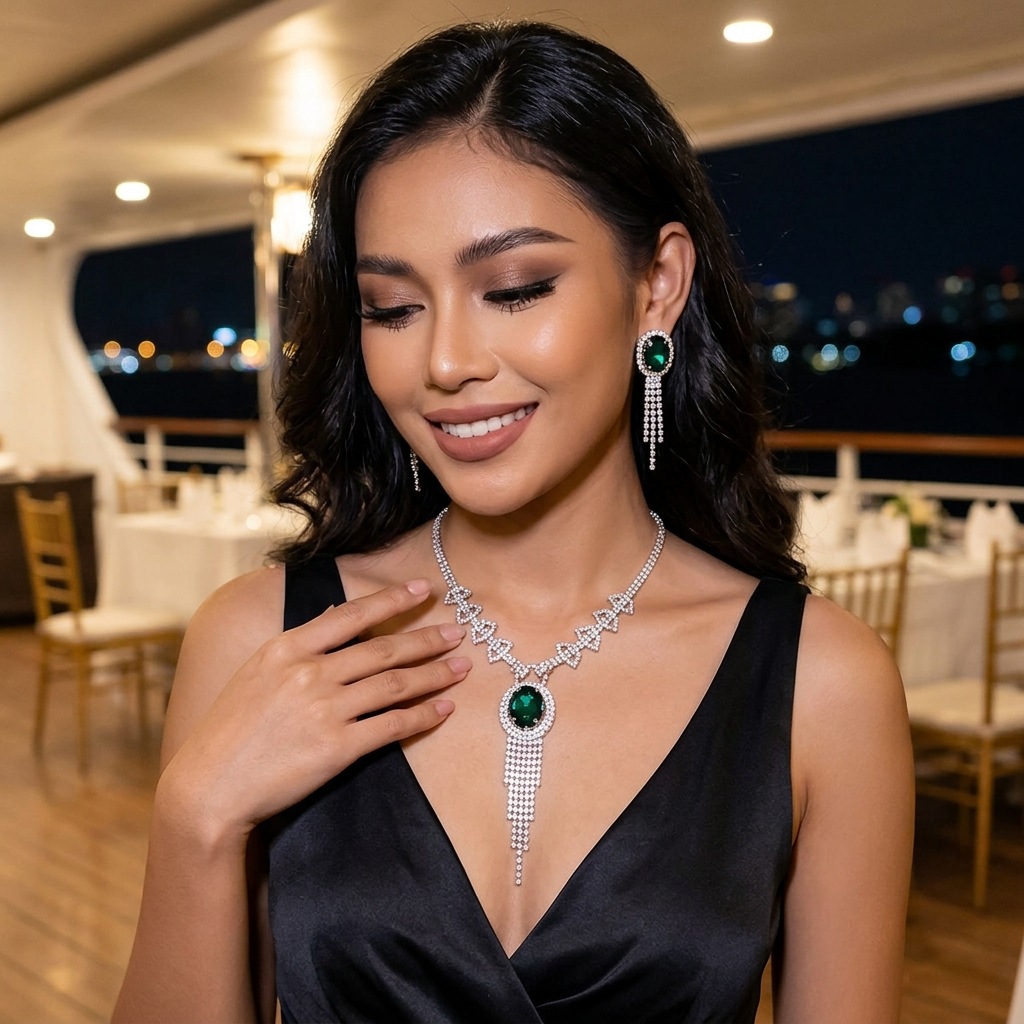 Large Green Stone Drop Necklace & Linear Earrings, Sparkly Evening Dress Jewelry Set - Image 2